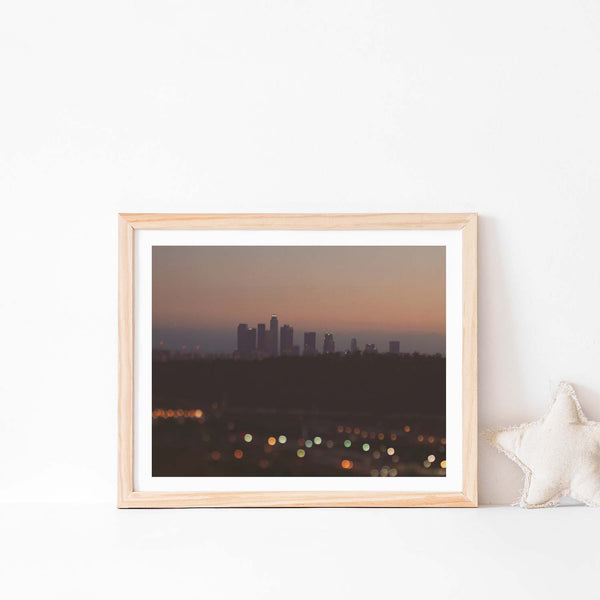 Framed print of the Los Angeles skyline at night. With Bokeh lights.