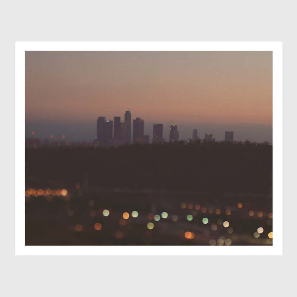 Dreamy photograph of the LA skyline at night.