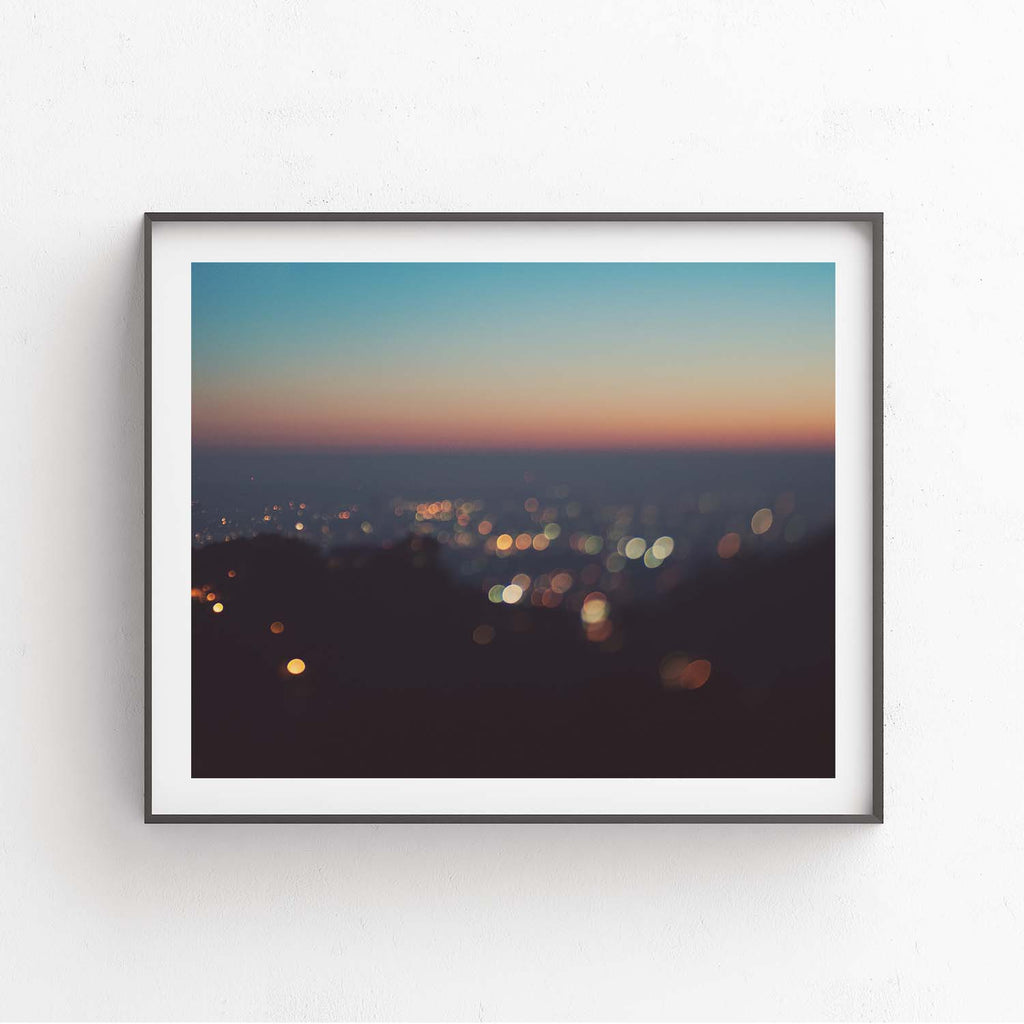 Framed photograph of Los Angeles at sunset. 