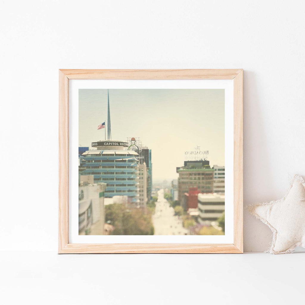 Framed Capitol Records baby nursery print. Dreamy Hollywood photo with cream and blue.