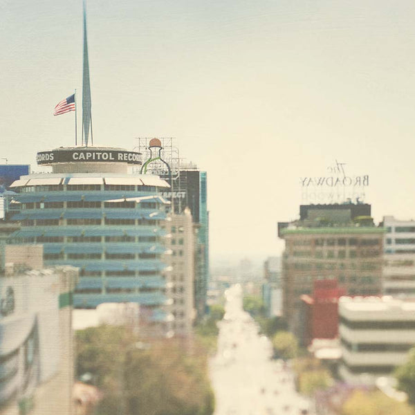Dreamy Hollywood cityscape photo with Capitol Records building. Neutral white tones.